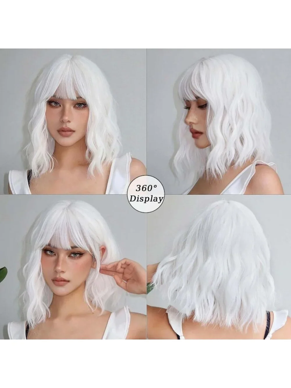 Women's White 14 Inch Heat Resistant Short Bangs Bob Modern Wavy Wigs